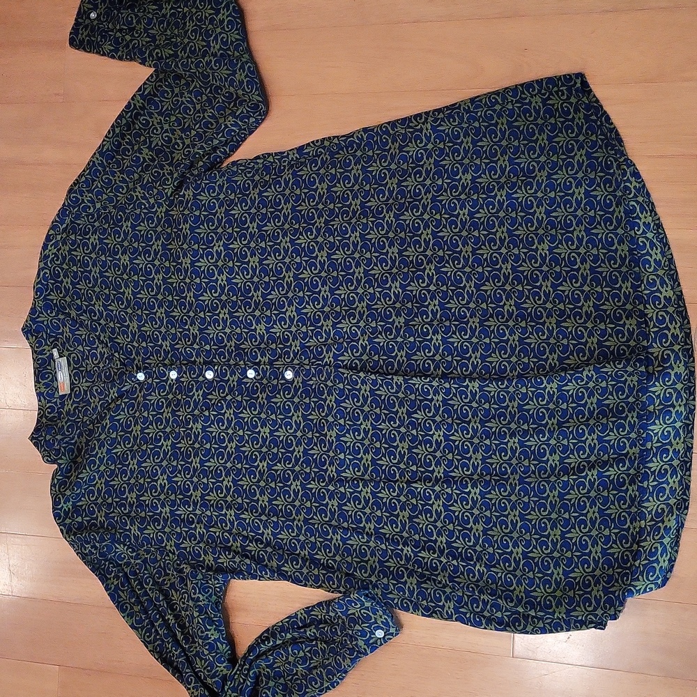 RockFlowerPaper Green and Navy Long Sleeve Buttoned Tunic with Mandarin Collar